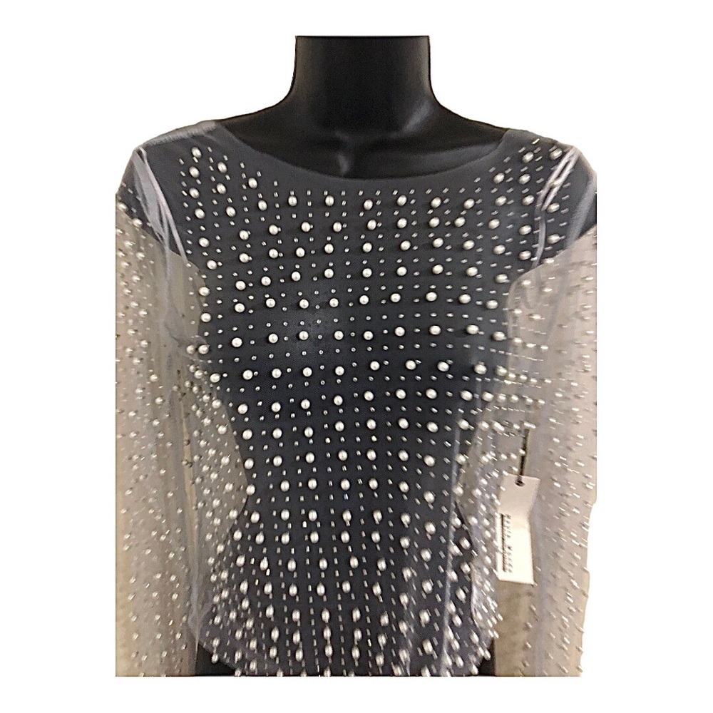 Cream Pearl Beaded rhinestones crystal sheer mesh long sleeve‎ top size medium